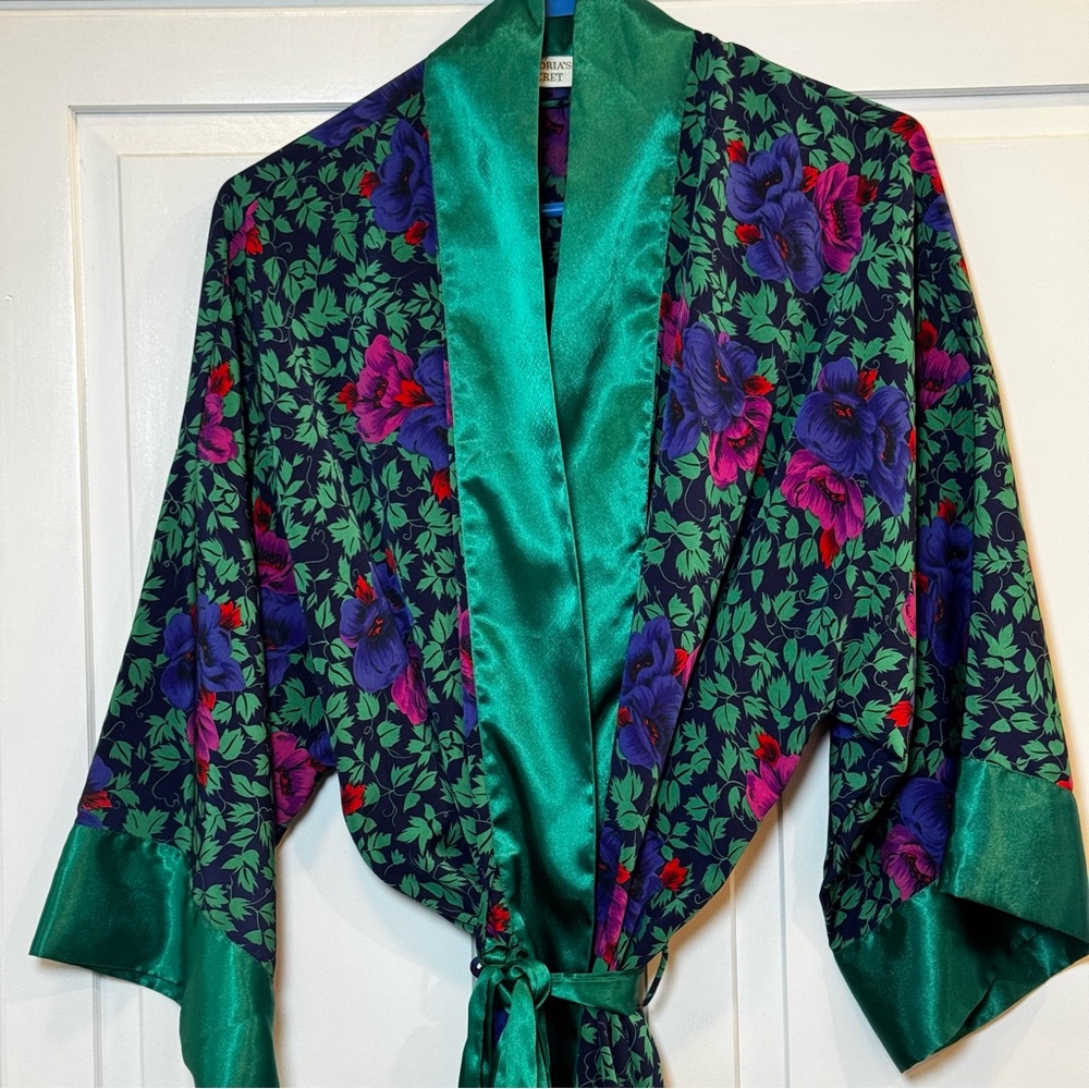 Vintage Victoria's Secret Gold Label- Satin Robe - Green and Purple Floral. OS